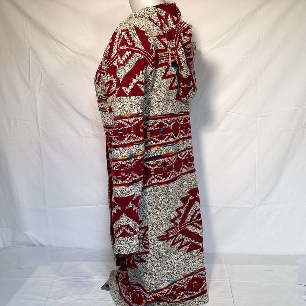 Aztec Southwestern Red and Gray Women's Hooded Cardigan Duster Northern Angel - Picture 7 of 13